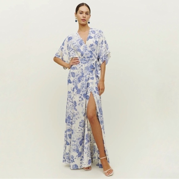 Reformation Winslow Lucerne Floral Blue White Rose Wrap Dress slit tie waist NWT - Picture 1 of 9